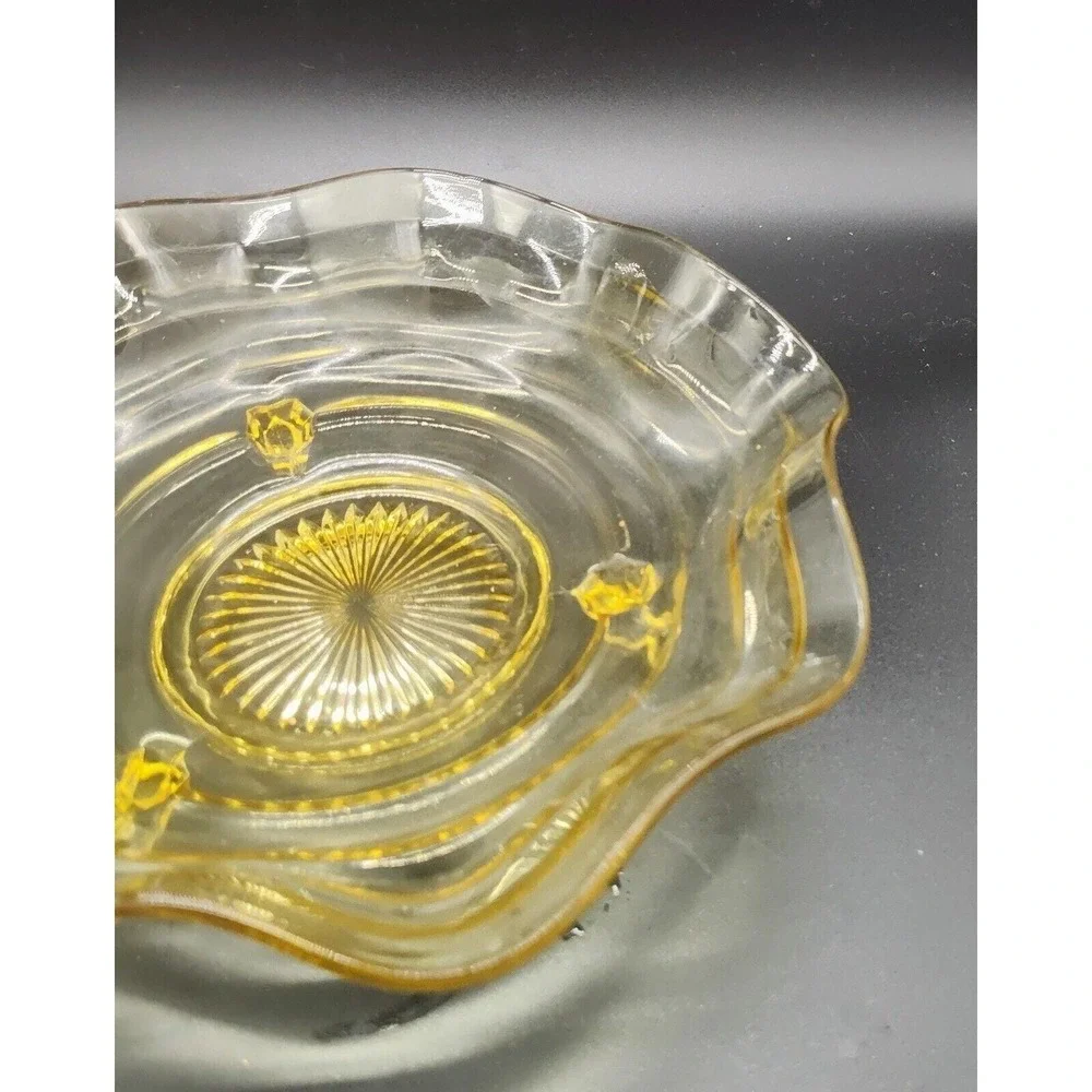 Lancaster Topaz Yellow 3 Toed ElegantCenterpiece, Fruit Bowl-Ruffle Ribbon Sides